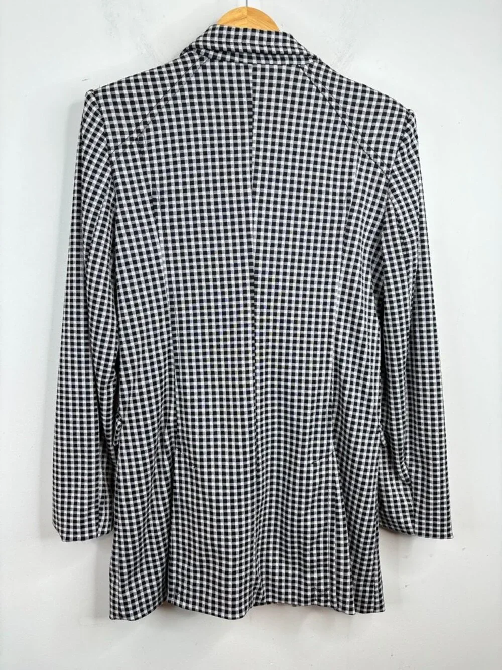 Maeve Anthropologie Long Blazer S Black White Gingham Oversized Double Breasted